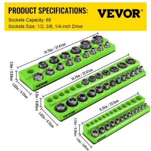 VEVOR 3-Pack SAE Magnetic Socket Organizers, 1/4", 3/8", 1/2" Magnetic Socket Holder Hold 68 Sockets, Green Tool Box Organizer for Sockets Storage