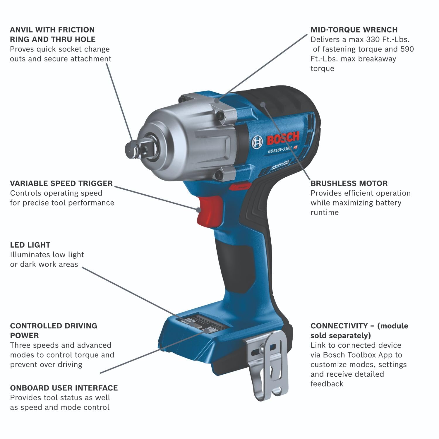 BOSCH GDS18V-330CN 18V Brushless Cordless Connected-Ready 1/2 In. Mid-Torque Impact Wrench with Friction Ring and Thru-Hole (Bare Tool)