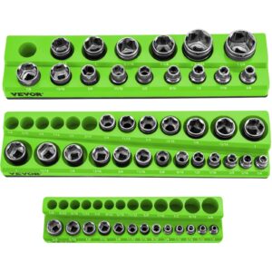 VEVOR 3-Pack SAE Magnetic Socket Organizers, 1/4", 3/8", 1/2" Magnetic Socket Holder Hold 68 Sockets, Green Tool Box Organizer for Sockets Storage