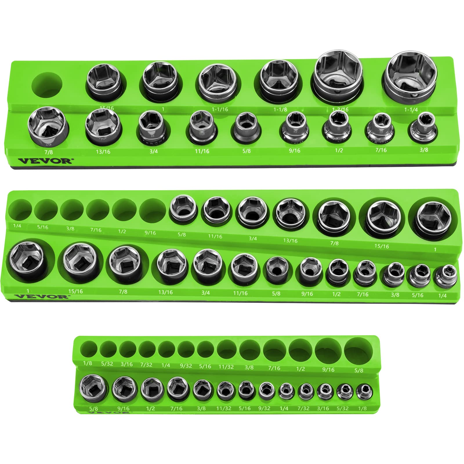 VEVOR 3-Pack SAE Magnetic Socket Organizers, 1/4", 3/8", 1/2" Magnetic Socket Holder Hold 68 Sockets, Green Tool Box Organizer for Sockets Storage