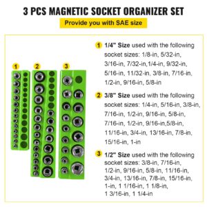 VEVOR 3-Pack SAE Magnetic Socket Organizers, 1/4", 3/8", 1/2" Magnetic Socket Holder Hold 68 Sockets, Green Tool Box Organizer for Sockets Storage