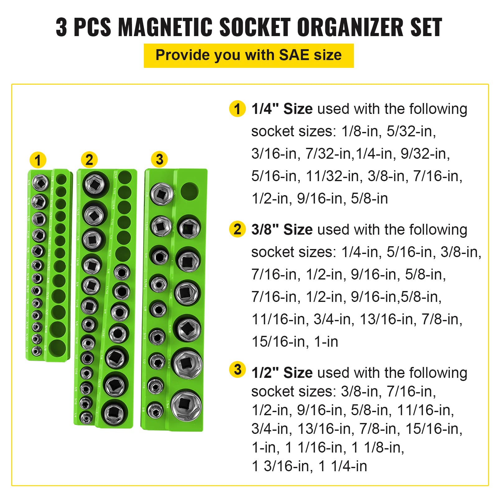 VEVOR 3-Pack SAE Magnetic Socket Organizers, 1/4", 3/8", 1/2" Magnetic Socket Holder Hold 68 Sockets, Green Tool Box Organizer for Sockets Storage