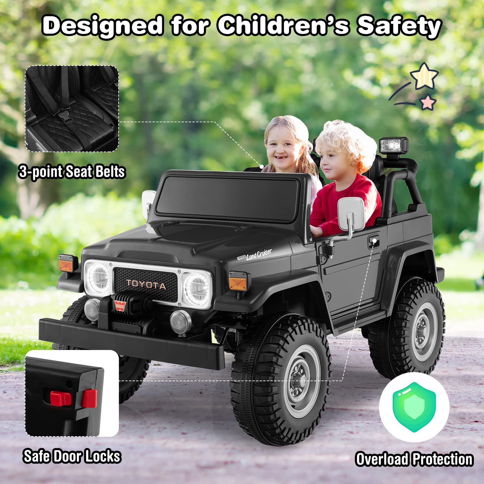 Costzon 2 Seater Ride on Car, 12V Licensed Toyota FJ40 Ride On Truck w/ 2.4G Remote Control, Spring Suspension, Storage Box, Colorful Lights, Music, USB Port & FM, Electric Car for Kids (Black)