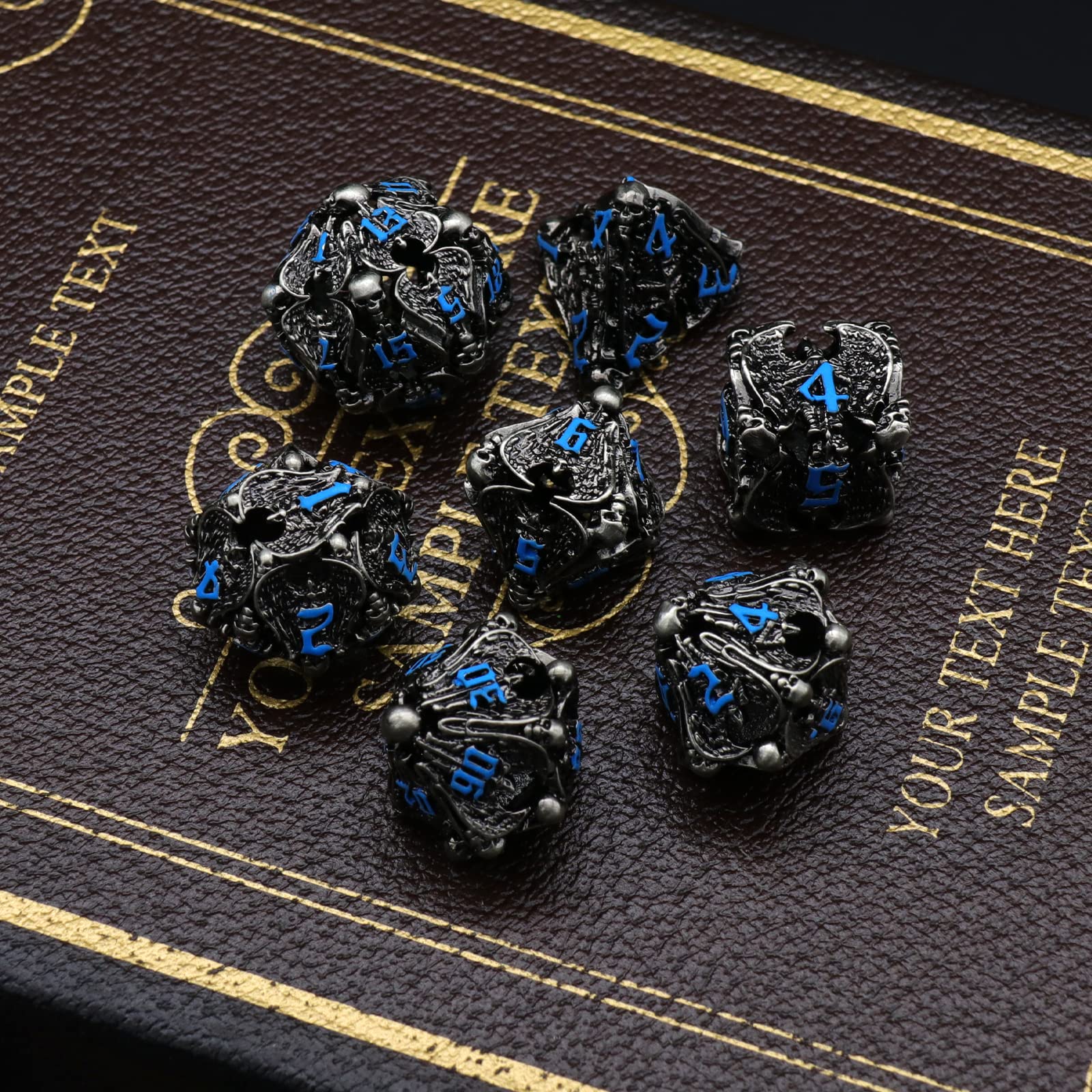 DND Dice, Dungeons and Dragons Dice Metal Dice Set D&D with Box HNCCESG Unique Role Playing Dice Hollow Polyhedral Starter Dice Gaming D and D Dice for Board Game RPG Warhammer (Angel Blue Number)