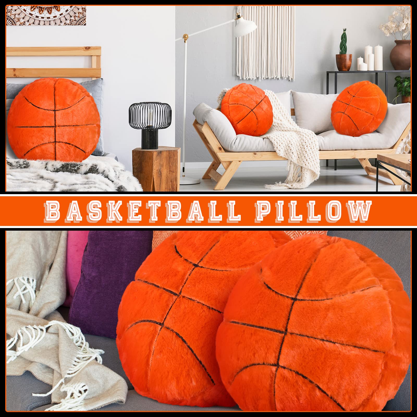 Gerrii 4 Pcs Basketball Softball Football Soccer Volleyball Tennis Pillow Sports Pillow Fluffy Plush Stuffed Throw Pillow Sport Theme Cushion Plush Stuffed Pillow Gift for Decor (Basketball)