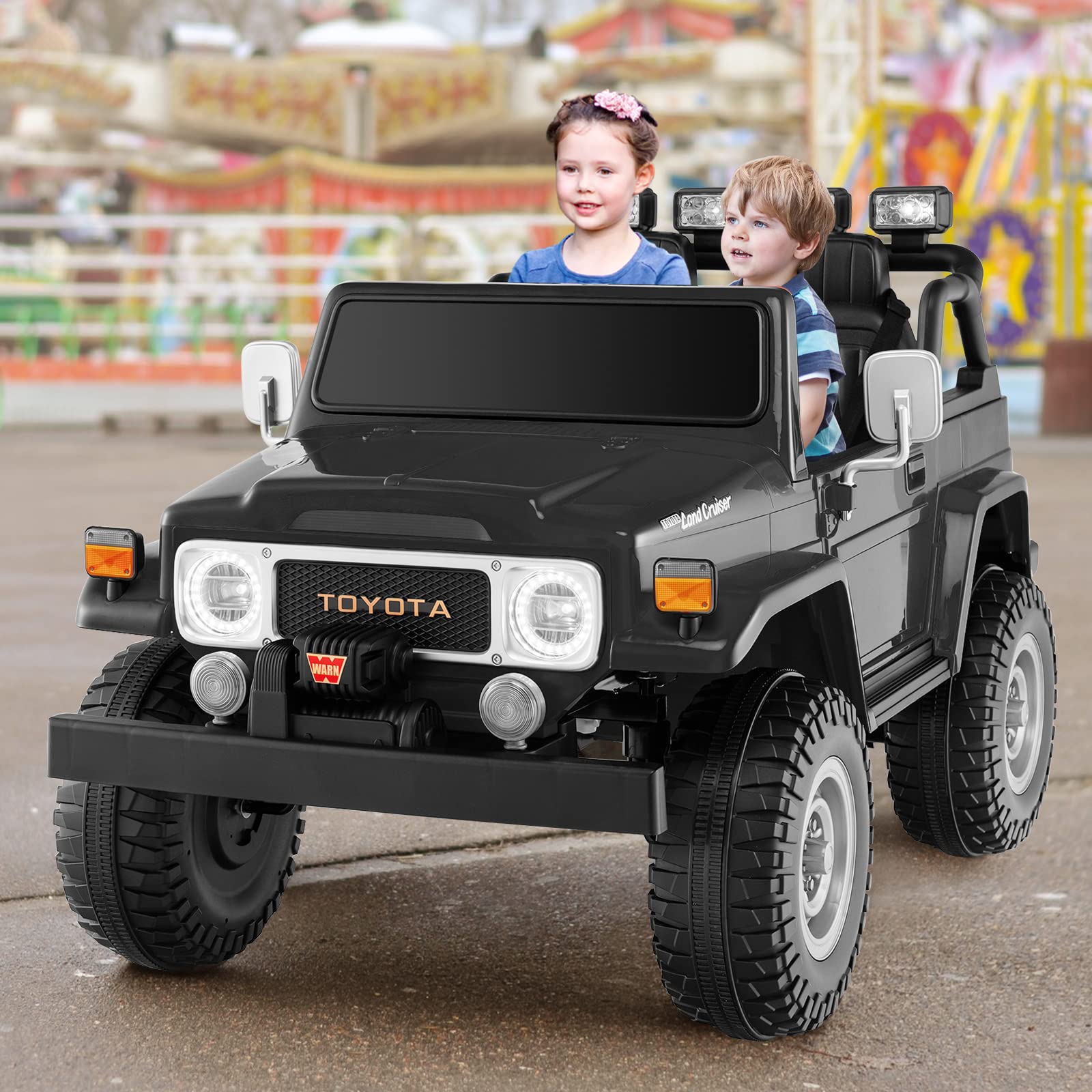 Costzon 2 Seater Ride on Car, 12V Licensed Toyota FJ40 Ride On Truck w/ 2.4G Remote Control, Spring Suspension, Storage Box, Colorful Lights, Music, USB Port & FM, Electric Car for Kids (Black)