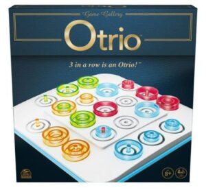 otrio board game with red, green, yellow and blue pieces, for 2-4 player ages 8 to adult.strategy-based board game