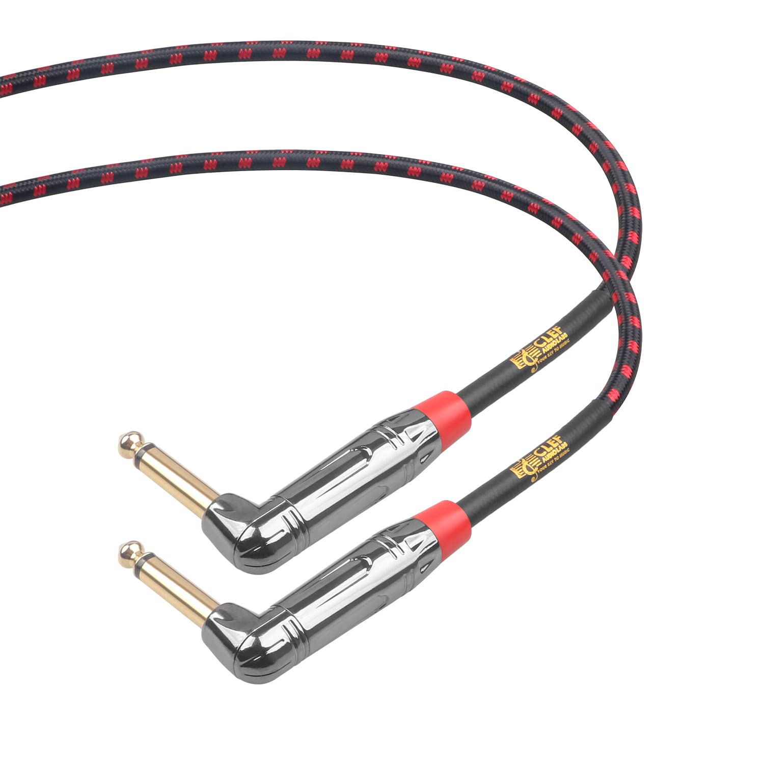 Clef Audio Labs Guitar Patch Cable, 6 inch - 1/4 inch TS Right Angled Guitar Pedal Effects Instrument Cord, 22AWG, Chrome Zinc Alloy Shell, Red Braided Jacket - 6-Pack