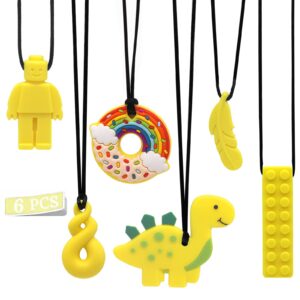 6 pcs sensory chew necklace for autism, teething, anxiety, biting needs, sore gums pain relief, adhd, silicone chewy teether oral motor chewing pendant toys with adjustable buckle for girls boys