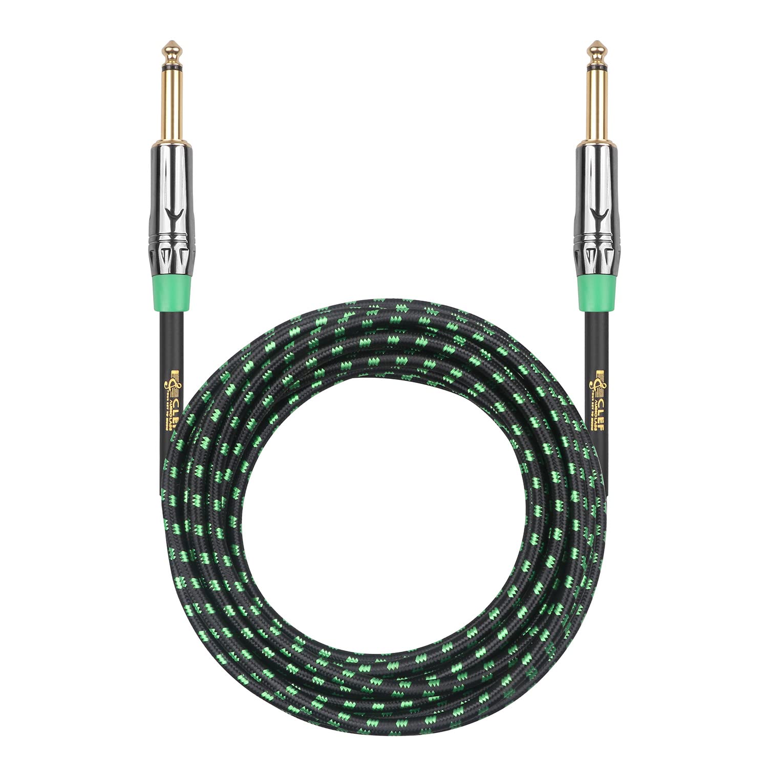 Clef Audio Labs Guitar Cable, 20ft - 1/4 inch TS Straight to Straight, Acoustic Electric bass Guitar AMP Cord, 22AWG, Chrome Zinc Alloy Shell, Green Braided Jacket