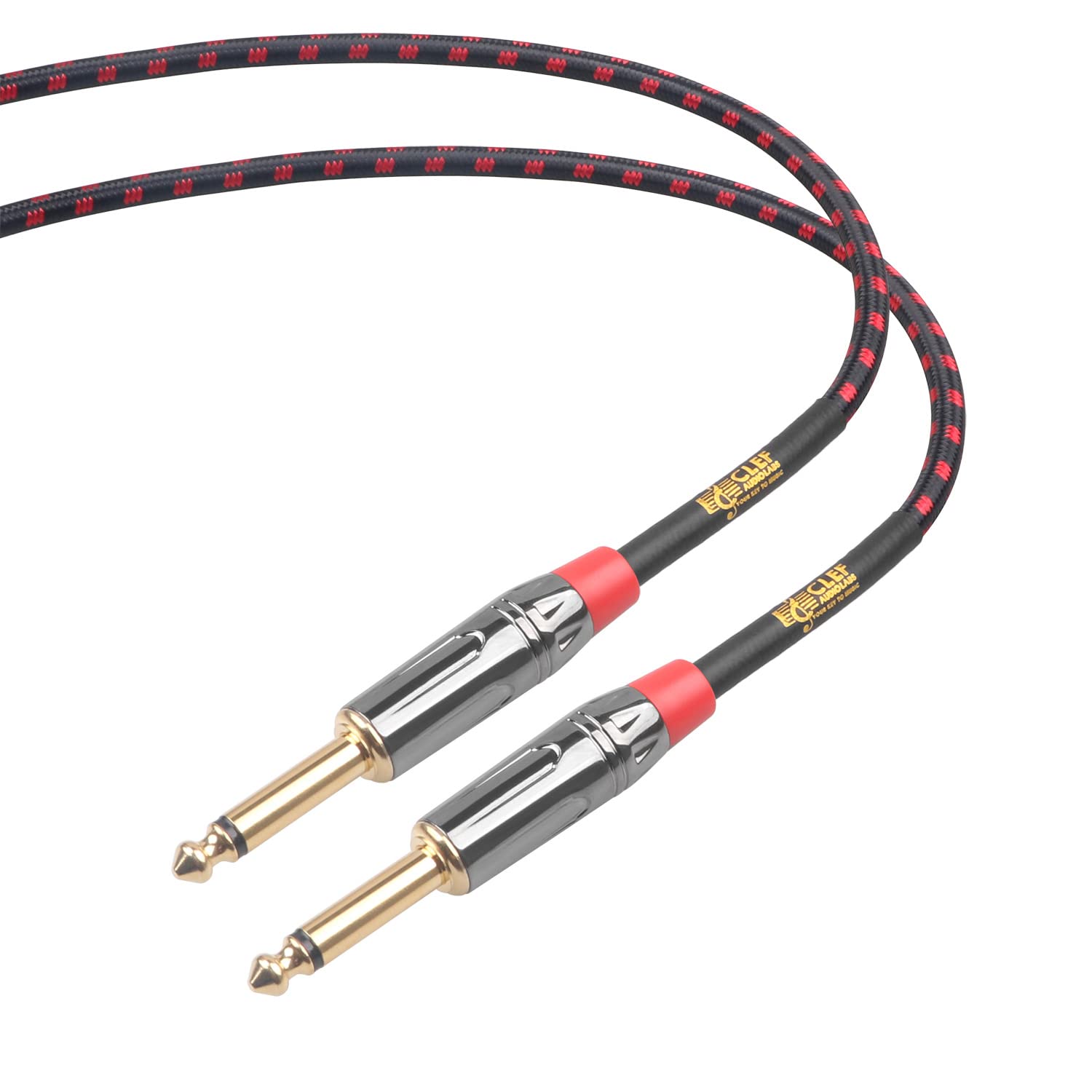 Clef Audio Labs Instrument Guitar Cable, 15ft - 1/4 inch TS Straight to Straight Electric bass Guitar AMP Cord, 22AWG, Chrome Zinc Alloy Shell, Red Braided Jacket