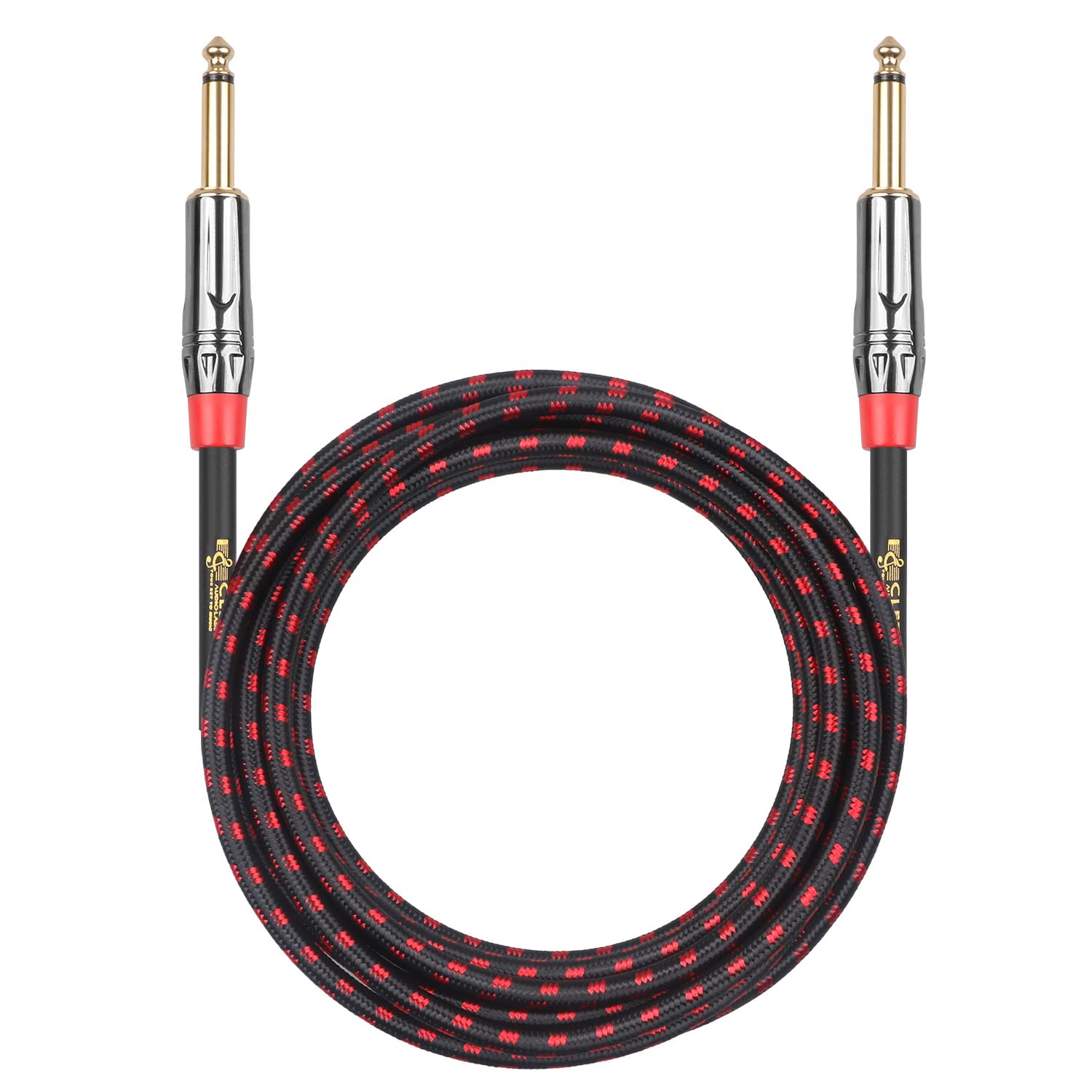 Clef Audio Labs Instrument Guitar Cable, 15ft - 1/4 inch TS Straight to Straight Electric bass Guitar AMP Cord, 22AWG, Chrome Zinc Alloy Shell, Red Braided Jacket