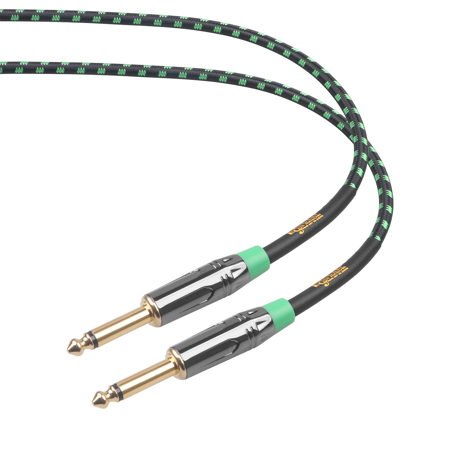 Clef Audio Labs Guitar Cable, 20ft - 1/4 inch TS Straight to Straight, Acoustic Electric bass Guitar AMP Cord, 22AWG, Chrome Zinc Alloy Shell, Green Braided Jacket