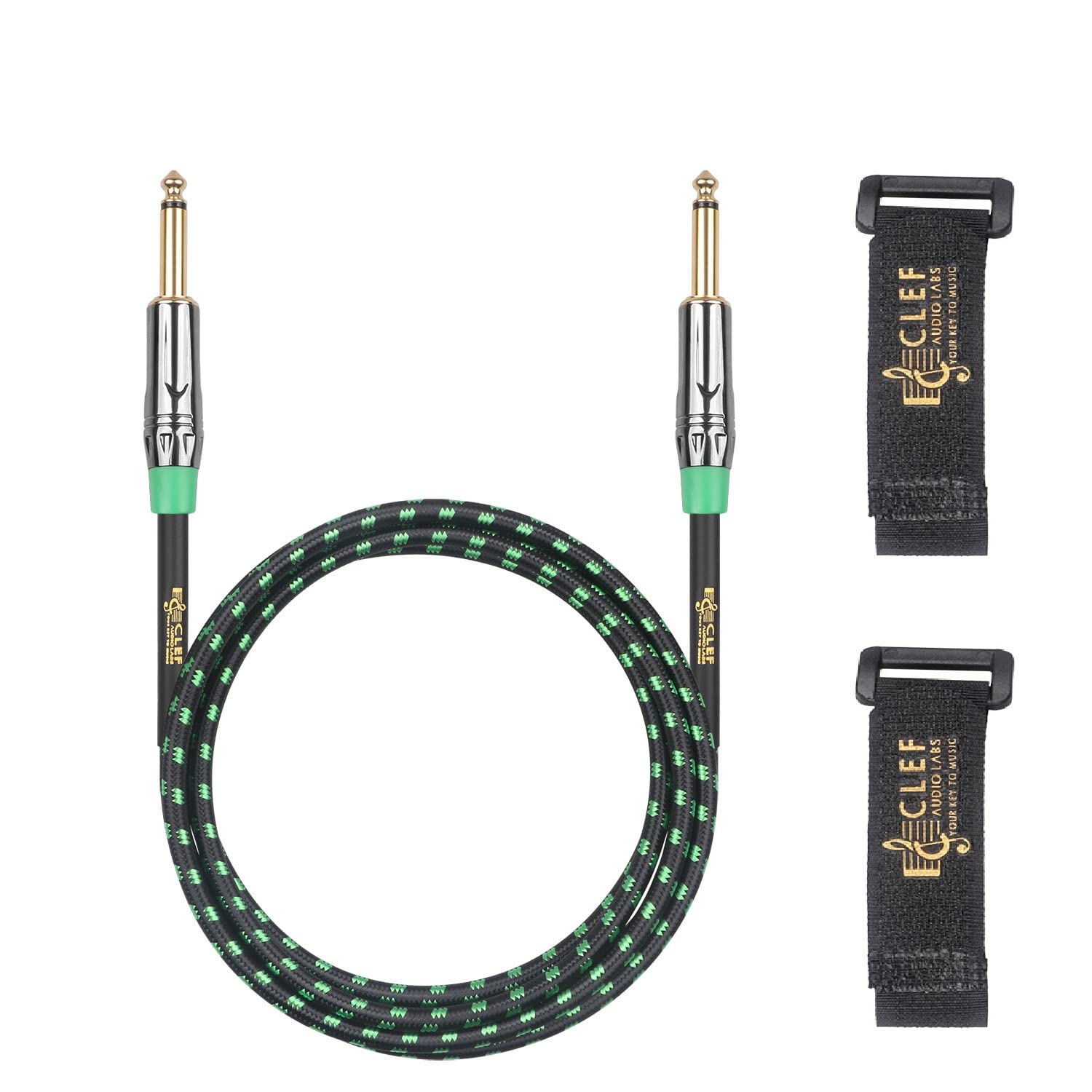 Clef Audio Labs Guitar Cable, 20ft - 1/4 inch TS Straight to Straight, Acoustic Electric bass Guitar AMP Cord, 22AWG, Chrome Zinc Alloy Shell, Green Braided Jacket