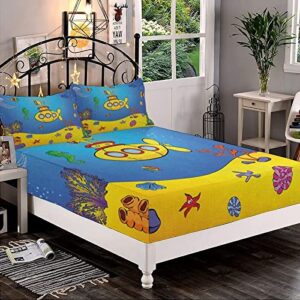 xisunya decorative bedding sheet set queen size, yellow submarine deep pockets fitted sheet & 2 pillow sham set, nautical kids colorful fish underwater print microfiber 3pc bed sheets set