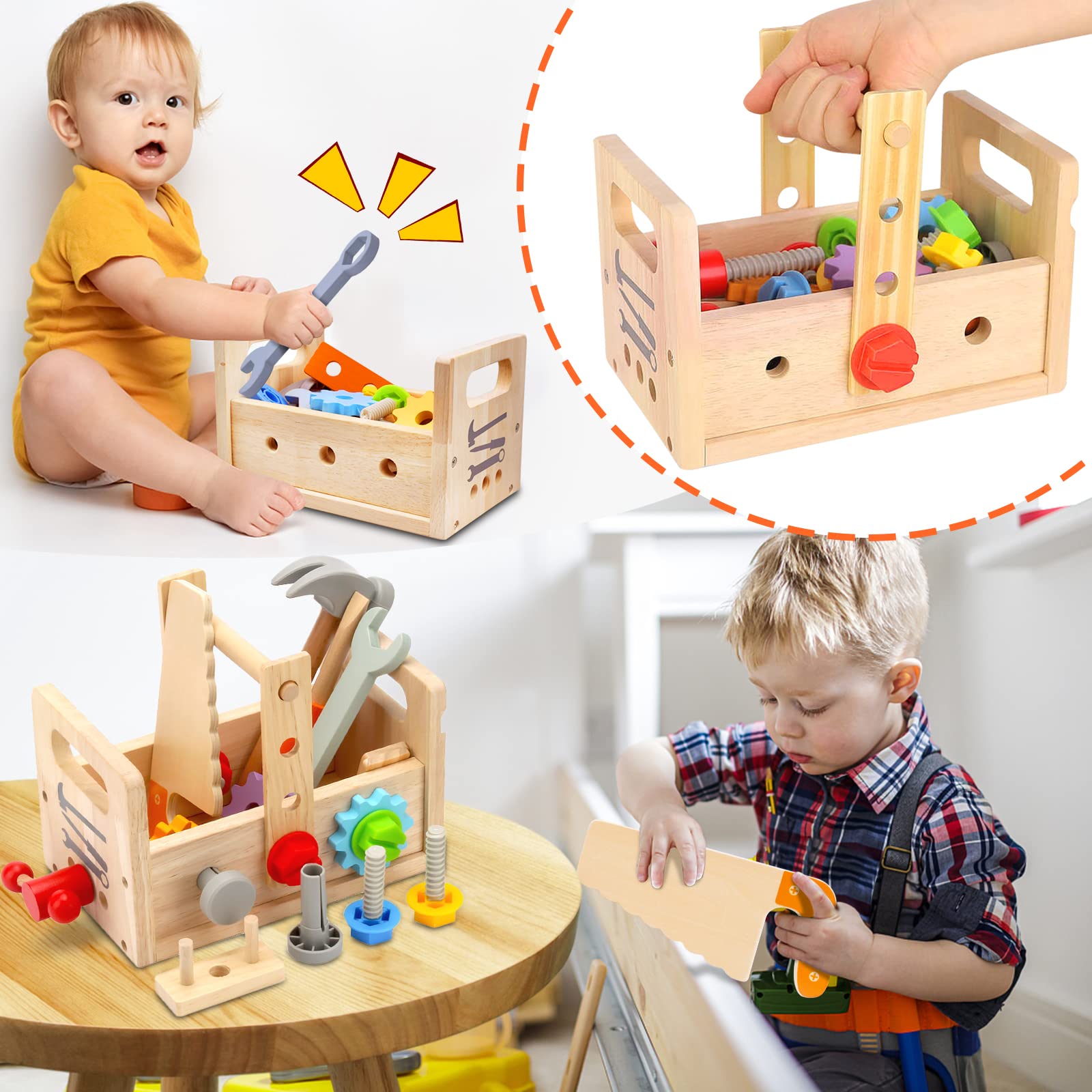 Kaodezhu Wooden Tool Set Montessori Toys for 2 3 4 5 Year Old Boy, 29Pcs Stem Toys Toddler Educational Toys Age 2-3, Tool Bench Pretend Play Construction Learning Toys for Toddler Birthday Gifts