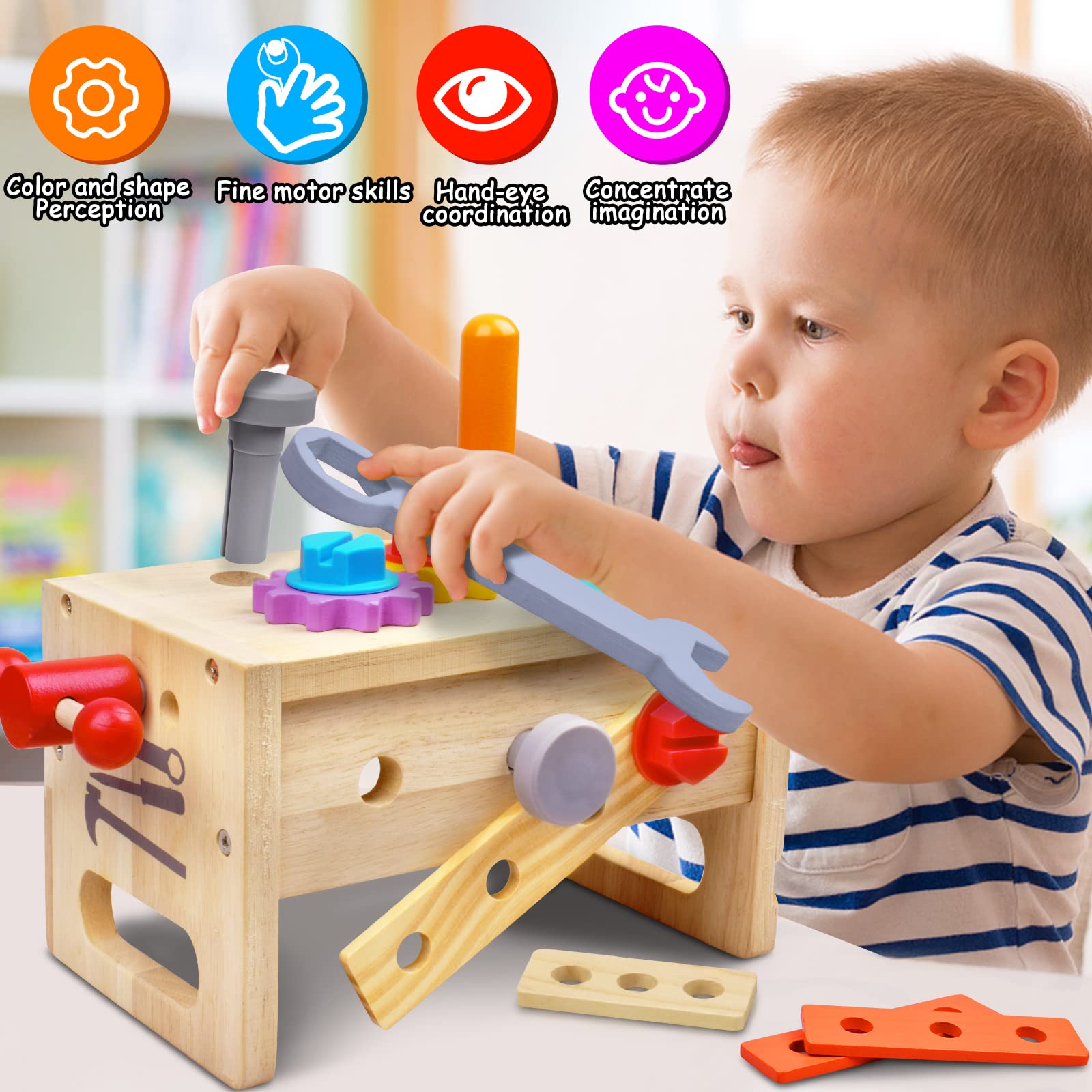 Kaodezhu Wooden Tool Set Montessori Toys for 2 3 4 5 Year Old Boy, 29Pcs Stem Toys Toddler Educational Toys Age 2-3, Tool Bench Pretend Play Construction Learning Toys for Toddler Birthday Gifts