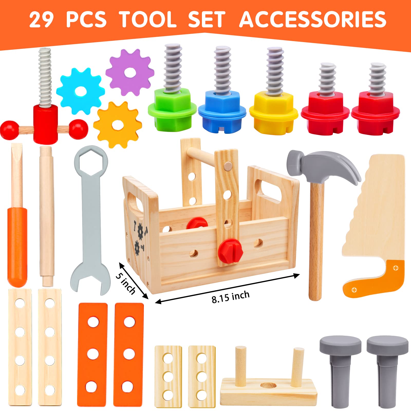 Kaodezhu Wooden Tool Set Montessori Toys for 2 3 4 5 Year Old Boy, 29Pcs Stem Toys Toddler Educational Toys Age 2-3, Tool Bench Pretend Play Construction Learning Toys for Toddler Birthday Gifts