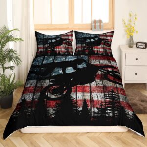 Homewish American Flag Duvet Cover Set Queen Size Boys Dirt Bike Racing Motocross Rider Rustic Farmhouse Wooden Comforter Retro Black Pine Tree Silhouette Quilt 3pcs, 90''x90'', (ZZRS261ZMD-TJ_USq)