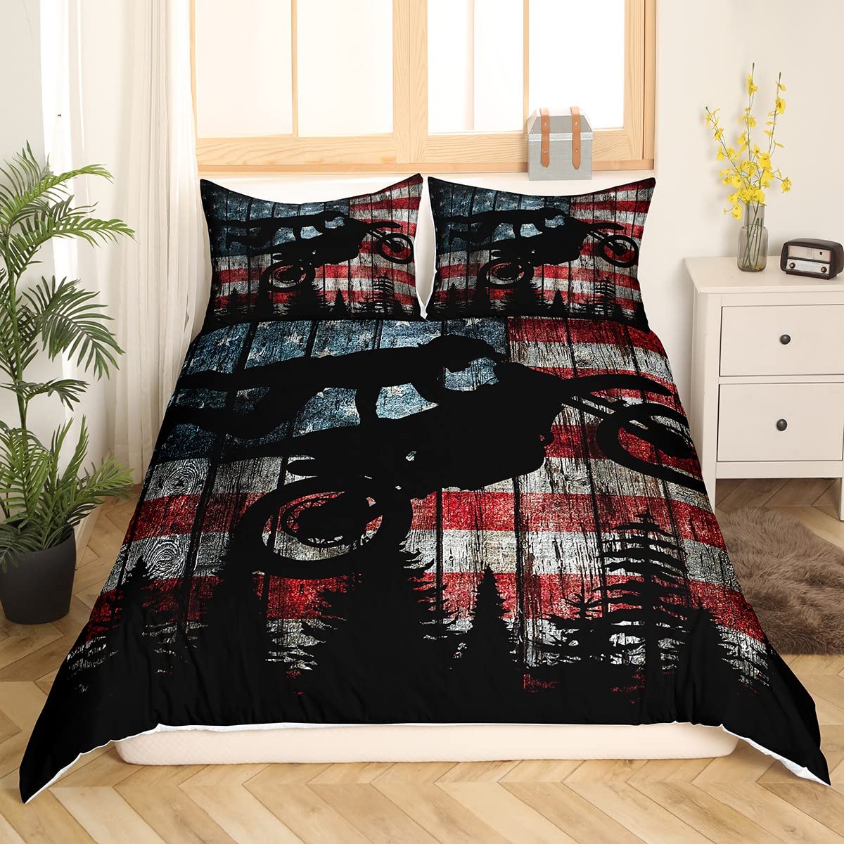 Homewish American Flag Duvet Cover Set Queen Size Boys Dirt Bike Racing Motocross Rider Rustic Farmhouse Wooden Comforter Retro Black Pine Tree Silhouette Quilt 3pcs, 90''x90'', (ZZRS261ZMD-TJ_USq)