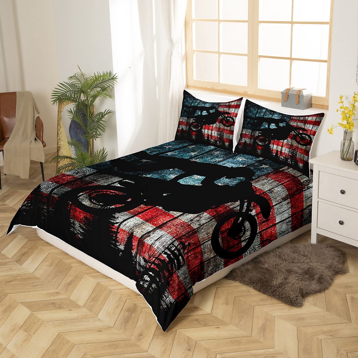 Homewish American Flag Duvet Cover Set Queen Size Boys Dirt Bike Racing Motocross Rider Rustic Farmhouse Wooden Comforter Retro Black Pine Tree Silhouette Quilt 3pcs, 90''x90'', (ZZRS261ZMD-TJ_USq)