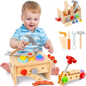 Kaodezhu Wooden Tool Set Montessori Toys for 2 3 4 5 Year Old Boy, 29Pcs Stem Toys Toddler Educational Toys Age 2-3, Tool Bench Pretend Play Construction Learning Toys for Toddler Birthday Gifts