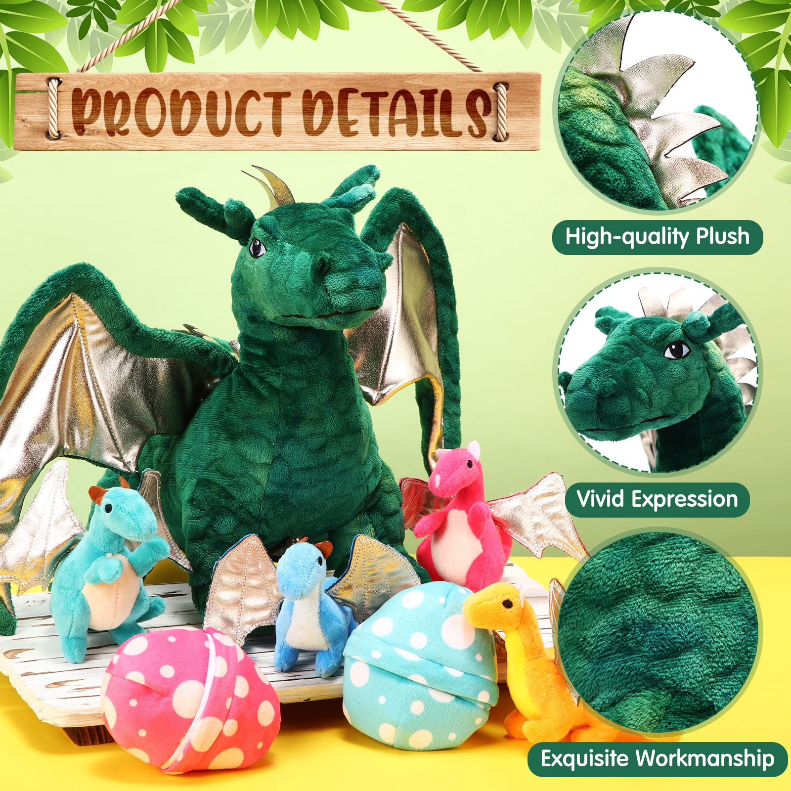 Deekin 7 Pcs Dragon Toy Set 16 Inch Large Dragon Stuffed Animal with 4 Cute Baby Plush Dragons and 2 Eggs in Mommy Dragon's Belly for Boys Girls Birthday Gifts(Cute Style)