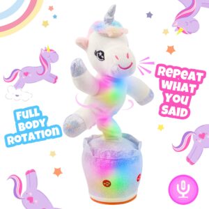 Hopearl Glowing Dancing Unicorn Toy Repeats What You Say Talking Toy Wriggle Singing Mimicking Twisting Electric Light Up Interactive Animated Toy Speaking Gifts for Kids, White, 14.5''