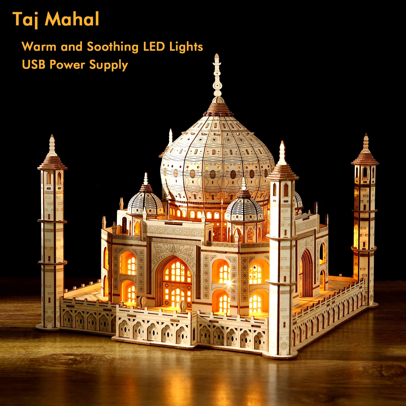 UGUTER 3D Wooden Puzzle Architecture Building Taj Mahal Model Craft STEM Kit LED Light DIY Home Decoration Mother's Day Birthday Gift for Adults & Kids (Taj Mahal)