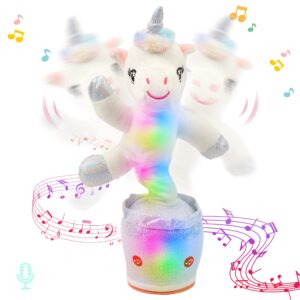 Hopearl Glowing Dancing Unicorn Toy Repeats What You Say Talking Toy Wriggle Singing Mimicking Twisting Electric Light Up Interactive Animated Toy Speaking Gifts for Kids, White, 14.5''