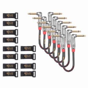 Clef Audio Labs Guitar Patch Cable, 6 inch - 1/4 inch TS Right Angled Guitar Pedal Effects Instrument Cord, 22AWG, Chrome Zinc Alloy Shell, Red Braided Jacket - 6-Pack