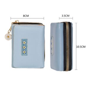 AOVINBID Small Wallet for Women, Fashion Girls Cute Tri-folded Wallet with Delicate Daisy Pendant, Flowers PU Leather Card Holder Women Coin Purse （Blue）