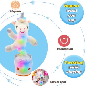 Hopearl Glowing Dancing Unicorn Toy Repeats What You Say Talking Toy Wriggle Singing Mimicking Twisting Electric Light Up Interactive Animated Toy Speaking Gifts for Kids, White, 14.5''