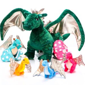 deekin 7 pcs dragon toy set 16 inch large dragon stuffed animal with 4 cute baby plush dragons and 2 eggs in mommy dragon's belly for boys girls birthday gifts(cute style)