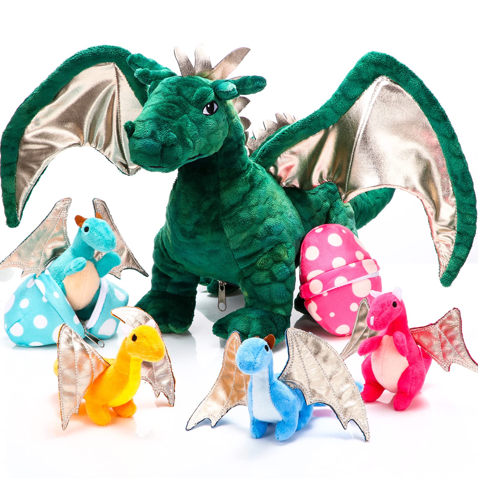 Deekin 7 Pcs Dragon Toy Set 16 Inch Large Dragon Stuffed Animal with 4 Cute Baby Plush Dragons and 2 Eggs in Mommy Dragon's Belly for Boys Girls Birthday Gifts(Cute Style)