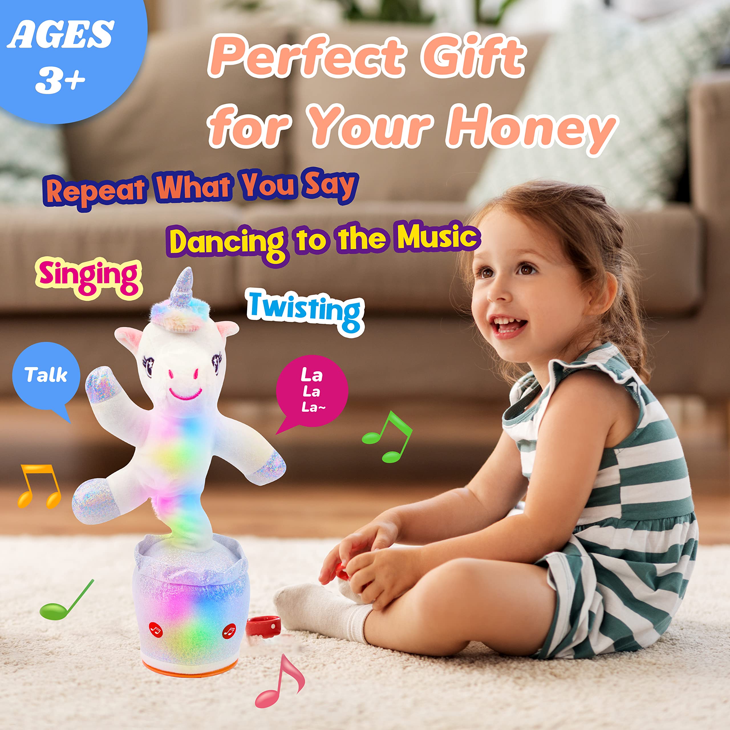 Hopearl Glowing Dancing Unicorn Toy Repeats What You Say Talking Toy Wriggle Singing Mimicking Twisting Electric Light Up Interactive Animated Toy Speaking Gifts for Kids, White, 14.5''