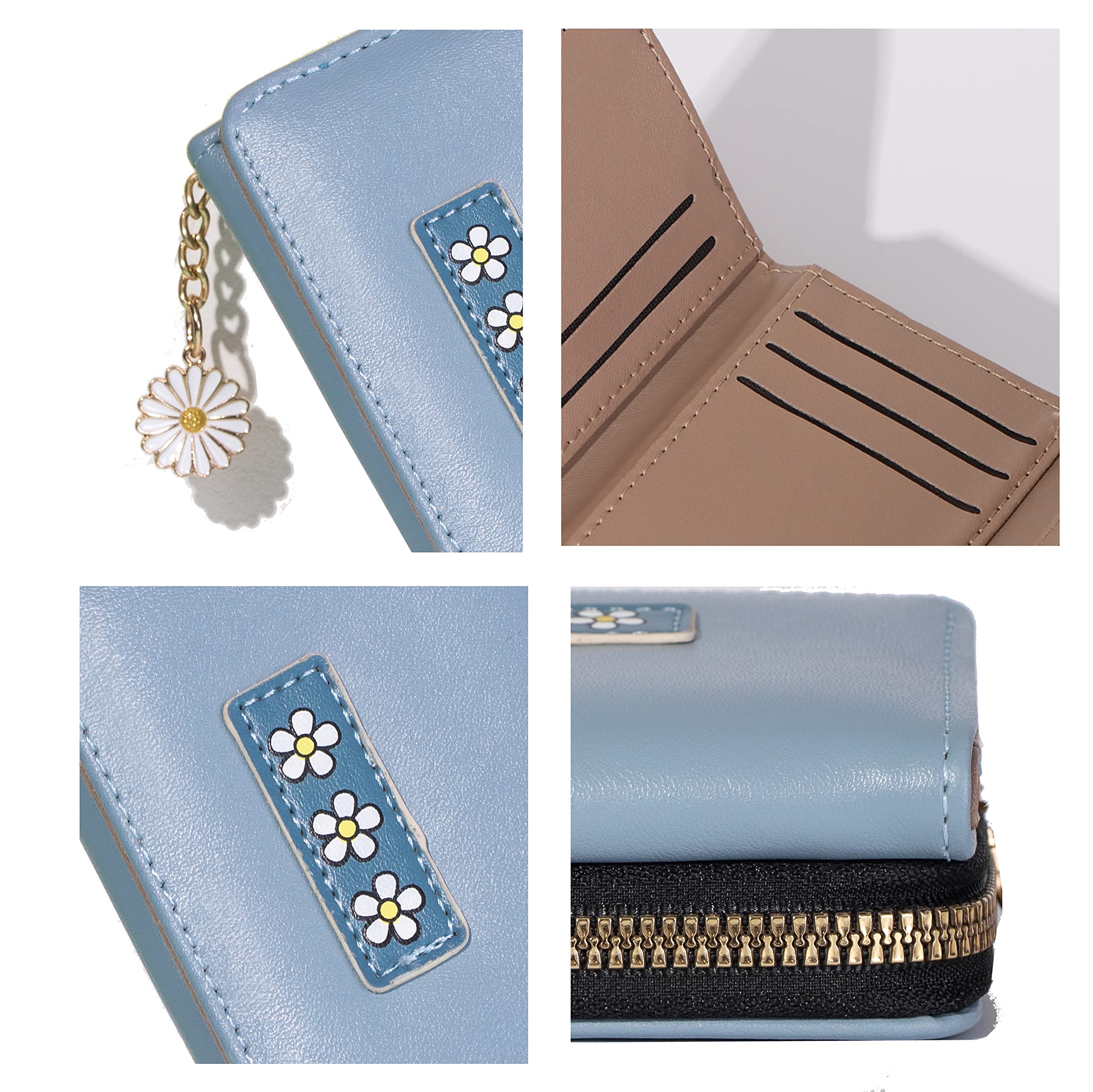 AOVINBID Small Wallet for Women, Fashion Girls Cute Tri-folded Wallet with Delicate Daisy Pendant, Flowers PU Leather Card Holder Women Coin Purse （Blue）