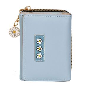 aovinbid small wallet for women, fashion girls cute tri-folded wallet with delicate daisy pendant, flowers pu leather card holder women coin purse （blue）