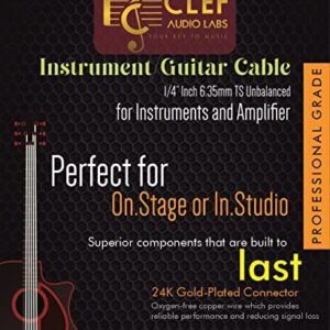 Clef Audio Labs Guitar Cable 10 ft, 22AWG, Tangle-Free PVC Jacket, Black Zinc Alloy Shell, Electric bass Guitar AMP Cord, 1/4 Inch 6.35mm TS Straight Male to Male Instrument Cable