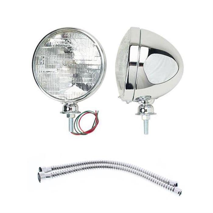 Universal Dietz-Type Stainless Steel 7" Headlights & 12" Conduit Set: High-Low Beam Halogen Bulb, Drilled Mounting Stud for Clean Wiring, Polished Ferrules, Protection for Exposed Wires