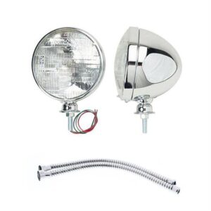 universal dietz-type stainless steel 7" headlights & 12" conduit set: high-low beam halogen bulb, drilled mounting stud for clean wiring, polished ferrules, protection for exposed wires