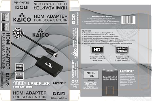 Kaico SEGA Saturn 1080p HDMI Adapter - for use with Sega Saturn - Supports S Video Output – Supports PAL and NTSC Consoles – Aspect Ratio Switch for 16:9 or 4:3