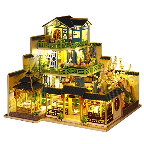 Spilay Dollhouse DIY Miniature Wooden Furniture Kit,Mini Handmade Big Castle Model with LED & Music Box,1:24 Scale Creative Doll House Toys for Adult Gift