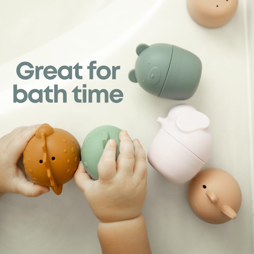 Rayplay Silicone Bath Toys: Set of Five Collapsible Animals, Dishwasher Safe, Food-Grade Silicone, Cute Neutral-Colored Pool Toys