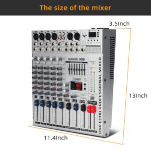 SENWOSI 6-Channel All-metal panel Audio Mixer, BT USB PC Recording Input, 16 DSP Effects, Stereo Equalizer,48V Power Supply,4 Mono 2 Stereo Input, Studio Or Live (MX-6)