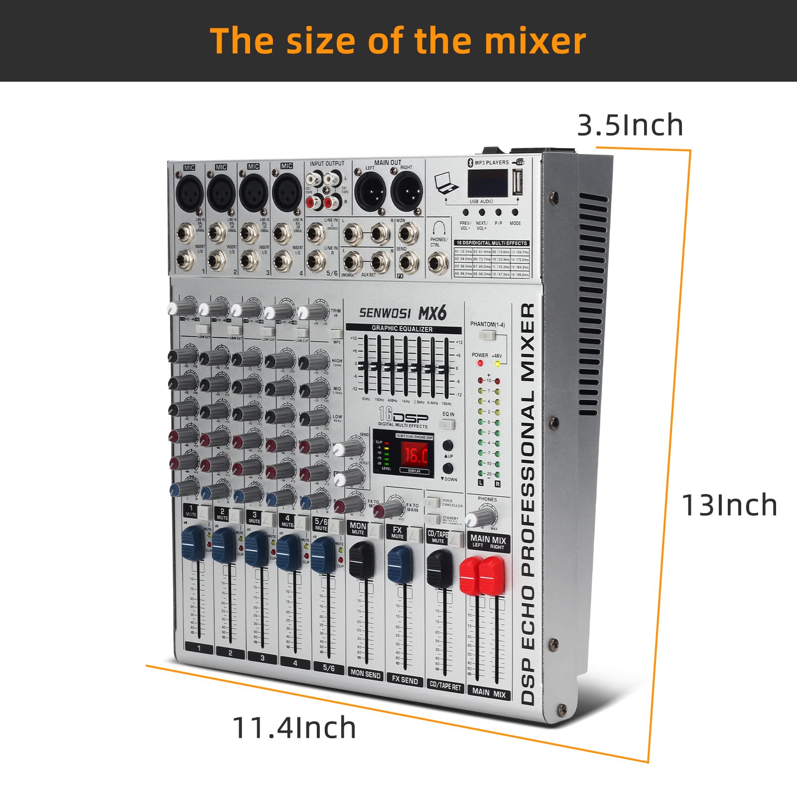 SENWOSI 6-Channel All-metal panel Audio Mixer, BT USB PC Recording Input, 16 DSP Effects, Stereo Equalizer,48V Power Supply,4 Mono 2 Stereo Input, Studio Or Live (MX-6)