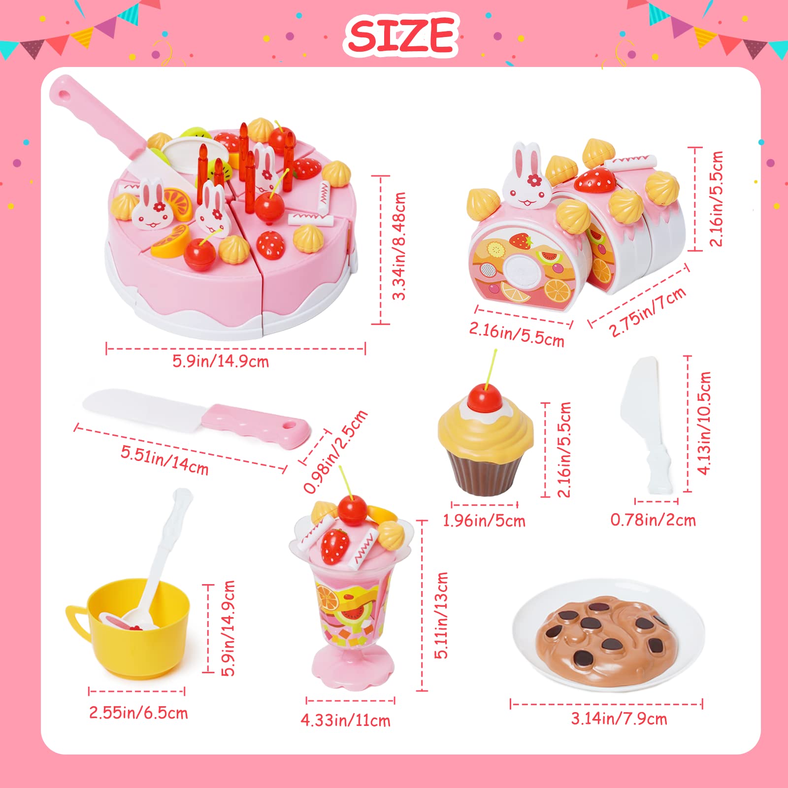 75PCS Birthday Cake Toy Cutting Decorating Birthday Cake Kitchen Pretend Toys Party Role Play Food Sets with Removable Candles Fruit Ice Cream Biscuits Candy Gift for Girls Boys Aged 3+