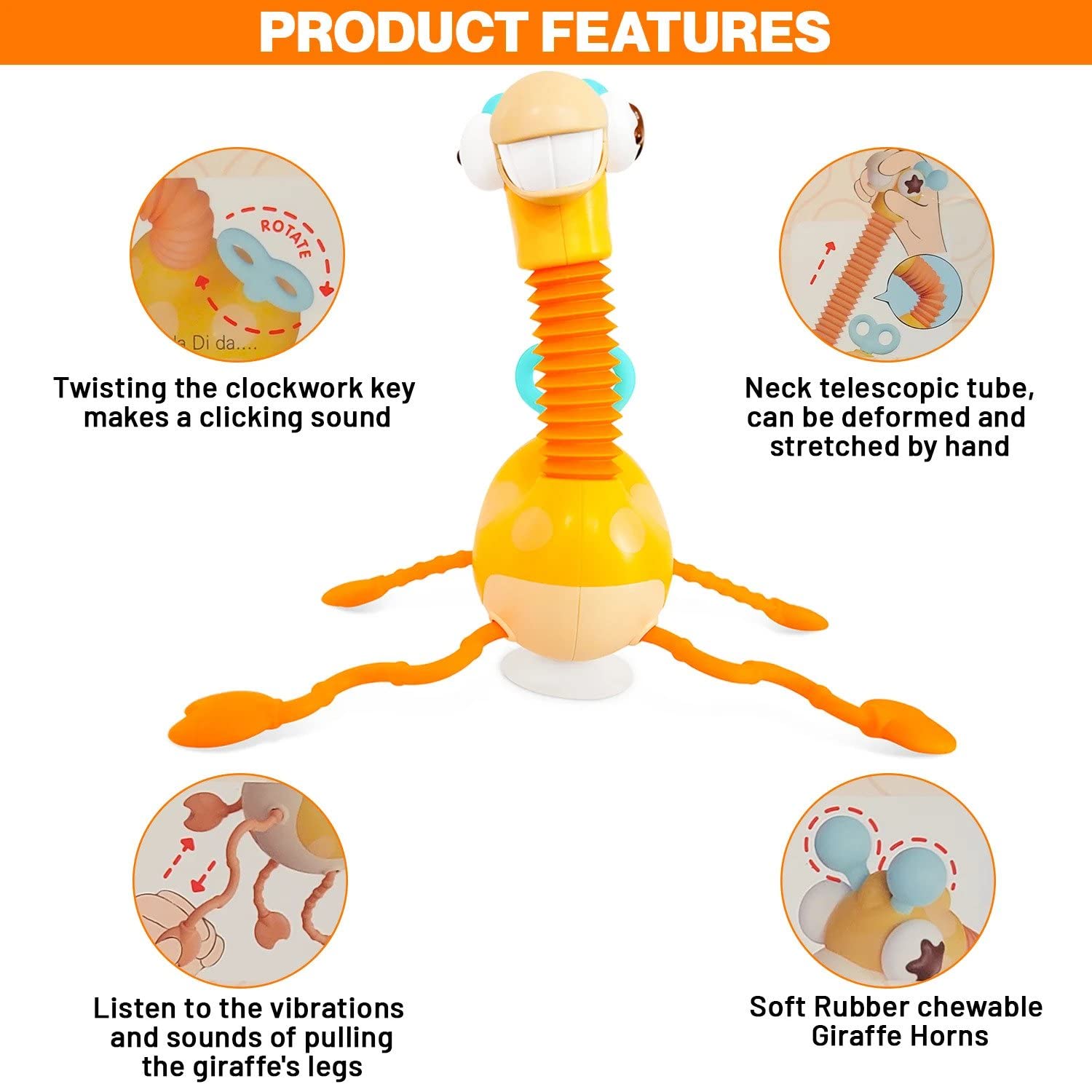 Dorky Giraffe Montessori Toy for 1-5Y+, Pull String Activity Toy with Suction Cup, Sensory Toys for Toddlers, Travel & Bath Toys for Babies, & Motor Skill Baby Toy