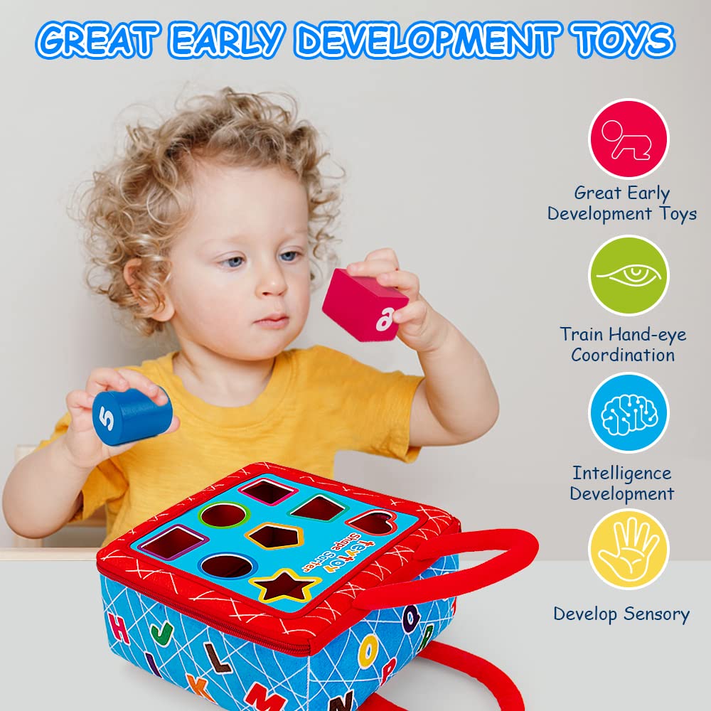 teytoy Shape Sorter Toys with 2-Sided Activity Bag and 8 Textured Shape Blocks Develop Sensory Fine Motor Skills Game Child Development Preschool Baby Toy for 6-12 Months and Older