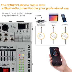 SENWOSI 6-Channel All-metal panel Audio Mixer, BT USB PC Recording Input, 16 DSP Effects, Stereo Equalizer,48V Power Supply,4 Mono 2 Stereo Input, Studio Or Live (MX-6)